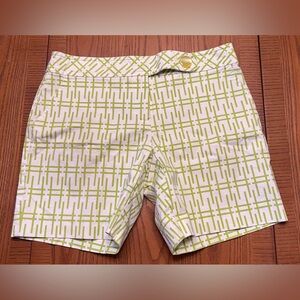 Trina Turk Stretch Cotton‎ Geometric Print Mid-Rise 7" Shorts Green White Size 6